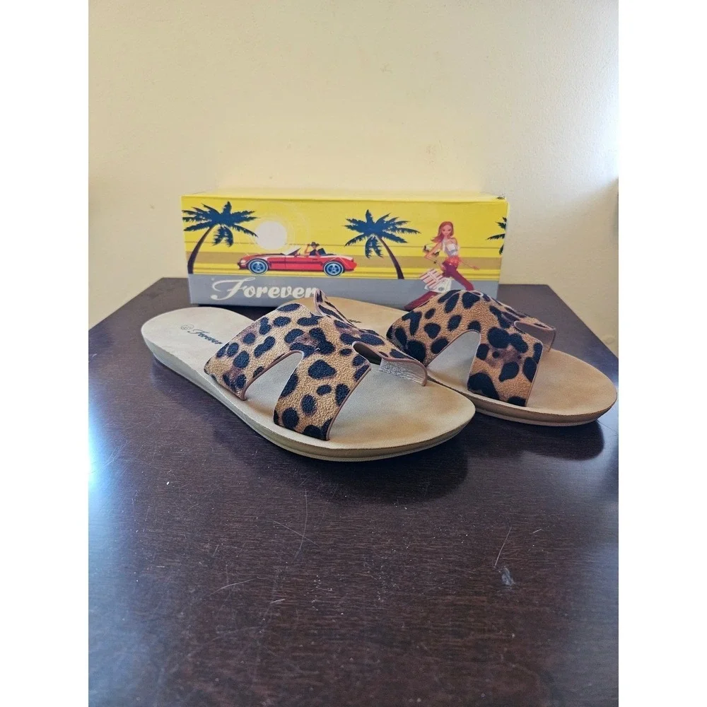 Forever Reina-1 Women Leopard Print H-Band Slide Sandals Open Toe Size 8 NEW
